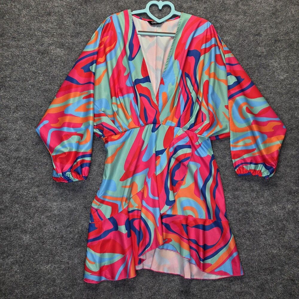 CHICME Dress Womens Large Multicolor Fit & Flare V Neck Ruffle Hem Dolman Sleeve